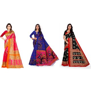                       SVB Sarees Blue Pink And Black Printed Khadi Saree Pack Of 3 Saree                                              