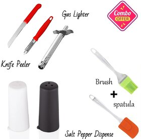 6 in 1 Kitchen Combo Kitchen Lighter, Steel Knife-Peeler, Salt Pepper Dispenser, Silicone Spatula and Brush (Multicolor)