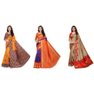                       SVB Sarees Multicolour Animal Printed Khadi Saree Pack Of 3                                              