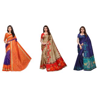                       SVB Sarees Multicolour Animal Printed Khadi Saree Pack Of 3                                              