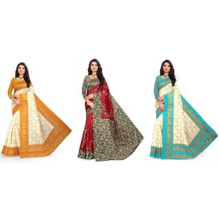 SVB Sarees Multicolour Kalamkari Printed Khadi Saree Pack Of 3 SVB Sarees Multicolour Kalamkari Printed Khadi Saree Pack Of 3