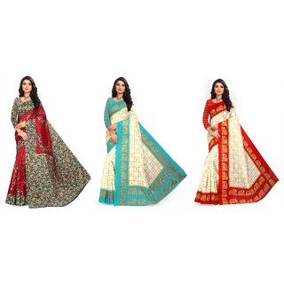                      SVB Sarees Multicolour Kalamkari Printed Khadi Saree Pack Of 3                                              