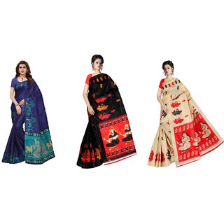 SVB Sarees Multicolour Animal Printed Khadi Saree Pack Of 3 SVB Sarees Multicolour Animal Printed Khadi Saree Pack Of 3