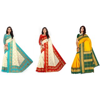 SVB Sarees Multicolour Kalamkari Printed Khadi Saree Pack Of 3 SVB Sarees Multicolour Kalamkari Printed Khadi Saree Pack Of 3