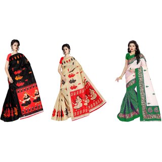 SVB Sarees Black Chiku And Green Animal Printed Khadi Saree Pack Of 3 SVB Sarees Black Chiku And Green Animal Printed Khadi Saree Pack Of 3
