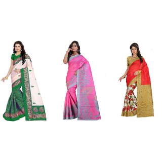 SVB Sarees Red Green And Pink Flower Printed Khadi Saree Pack Of 3 SVB Sarees Red Green And Pink Flower Printed Khadi Saree Pack Of 3