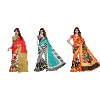                       SVB Sarees Red Green And Orange Flower Printed Khadi Saree Pack Of 3                                              