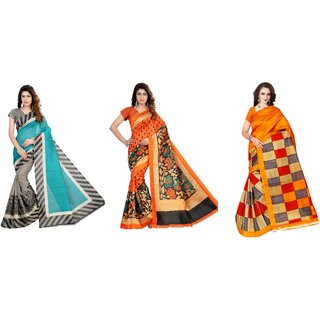                       SVB Sarees Yellow Green And Orange Flower Printed Khadi Saree Pack Of 3                                              