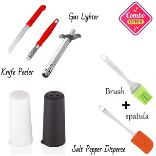                       6 in 1 Kitchen Combo Kitchen Lighter, Steel Knife-Peeler, Salt Pepper Dispenser, Silicone Spatula and Brush (Multicolor)                                              