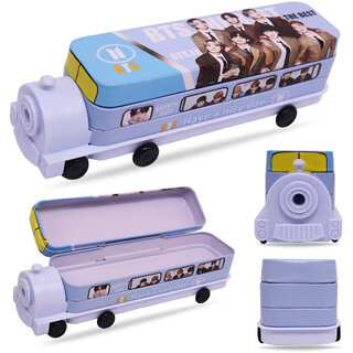 Aseenaa Multicolor Korean Singer's Printed School Bus/Train Metal Pencil Box With Moving Tyres  Sharpener For Kids