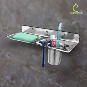 CUROVIT Stainless Steel Qube Soap Dish  Tumbler Set/Soap Holder for Bathroom/Bathroom Brush Stand Wall Mount in Chrome.