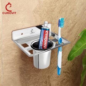 CUROVIT Stainless Steel Qube Wall Mounted Tumbler Holder/Brush Holder/Paste Holder for Bathroom  Home Accessories.