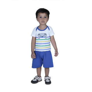                       Kid Kupboard Cotton Baby Boys T-Shirt and Short, White and Blue, Half-Sleeves, Crew Neck, 3-4 Years                                              