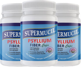 SUPERMUCIL Psyllium (Sat Isabgol) Capsules 360 Capsules (500 mg each) (Combo Pack) (3X120 Caps)