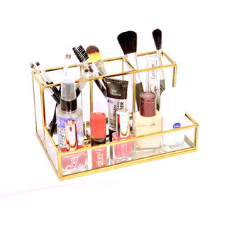                       Cosmetics Metal Holder Construction Vintage Handmade Brass Makeup Organizer with Beautiful Gold Color                                              