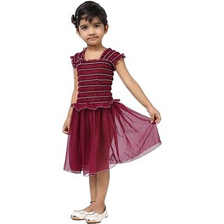 EAGLEBUZZ Baby Girls Below Knee Casual Dress (Maroon, Short Sleeve)