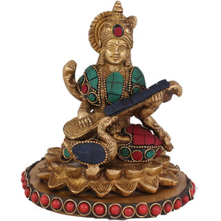                       Arihant Craft Hindu Goddess Saraswati Idol Sarasvati Statue Sculpture Stone Hand Work Showpiece  14.3 cm (Brass, Multicolour)                                              