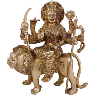                       Arihant Craft Hindu Goddess Durga Idol Maa Sherawali statue Maa Kali Sculpture Hand Work Showpiece  27 cm (Brass, Gold)                                              