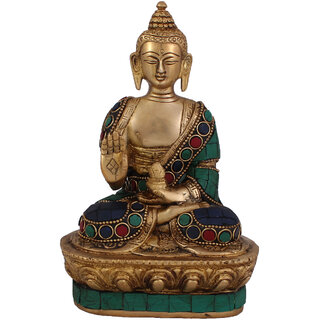                       Arihant Craft Ethnic Decor Lord Buddha Idol Buddha Statue Sculpture Turquoise Stone Showpiece  17.5 cm (Brass, Multicolour)                                              