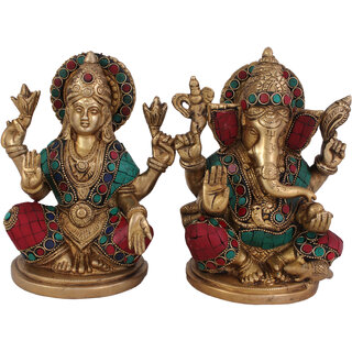                       Arihant Craft Hindu God Lakshmi Ganesha Idol Ganesh Laxmi Statue Sculpture Stone Hand Work Showpiece  18 cm (Brass, Multicolour)                                              