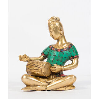                       Arihant Craft Musician Lady Sitting with Dholak Idol Statue Stone Hand Craft Showpiece  15.5 cm (Brass, Multicolor)                                              