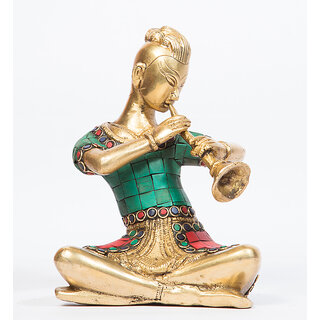                       Arihant Craft Musician Lady Sitting with Shehnai Idol Statue Stone Hand Craft Showpiece  16 cm (Brass, Multicolor)                                              