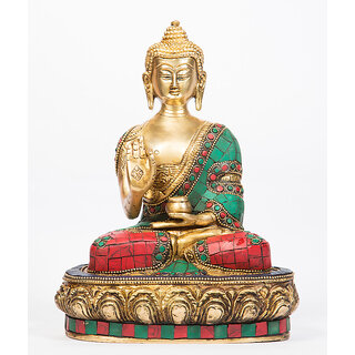                       Arihant Craft Ethnic Decor Lord Buddha Idol Buddha Statue Sculpture Turquoise Stone Showpiece23 cm (Brass, Multicolour)                                              