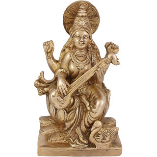                       Arihant Craft Hindu Godess Saraswati Idol Sarasvati Statue Sculpture Hand Work Showpiece  19 cm (Brass, Gold)                                              