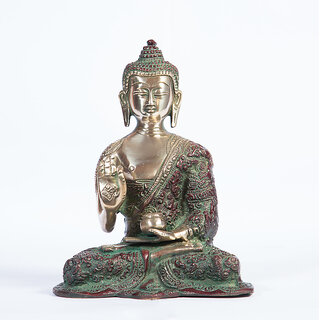                       Arihant Craft Ethnic Decor Lord Buddha Idol Statue Sculpture Showpiece  18.5 cm (Brass, Red, Green)                                              