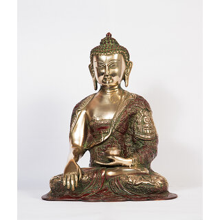                       Arihant Craft Ethnic Decor Lord Buddha Idol Statue Sculpture Showpiece  29 cm (Brass, Red, Green)                                              