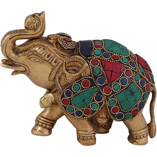                       Arihant Craft Ethnic Decor Elephant Standing Trunk Up Holding Ball Statue Sculpture Showpiece Stone Work   13.5 cm (Brass, Multicolour)                                              