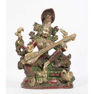                       Arihant Craft Hindu Godess Saraswati Idol Sarasvati Statue Sculpture Hand Work Showpiece  28.5 cm (Brass, Red, Green)                                              