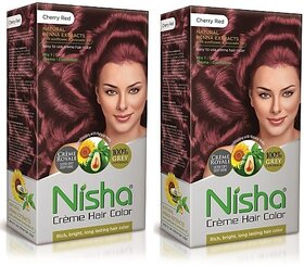 Nisha Cream Hair Color Rich Bright Long Lasting Hair Colouring For Ultra Soft Deep Shine 100% Grey Coverage Cherry Red (Pack of 2) , Cherry Red