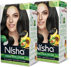 Nisha Creme Hair Color 1.0 Natural Black (Pack of 2) , 1.0 Natural Black
