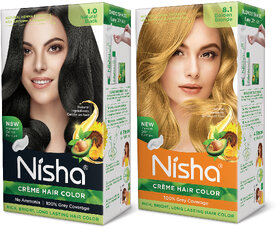 Nisha Superior Quality with Rich, Bright, Long Lasting Shine Hair Color NO AMMONIA Cream FORMULA NATURAL Black and Golden Blonde , Golden Blonde, Black