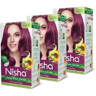 Nisha Cream Hair Color Rich Bright Long Lasting Hair Colouring For Ultra Soft Deep Shine 100% Grey Coverage Wine Burgundy (Pack of 3) , Wine Burgundy Nisha Cream Hair Color Rich Bright Long Lasting Hair Colouring For Ultra Soft Deep Shine 100% Grey Coverage Wine Burgundy (Pack of 3) , Wine Burgundy