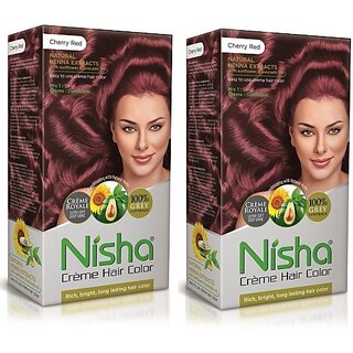 Nisha Cream Hair Color Rich Bright Long Lasting Hair Colouring For Ultra Soft Deep Shine 100% Grey Coverage Cherry Red (Pack of 2) , Cherry Red