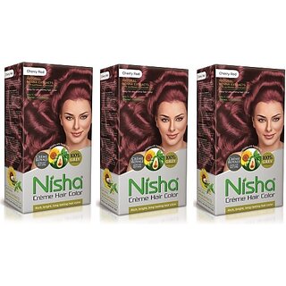                       Nisha Cream Hair Color Rich Bright Long Lasting Hair Colouring For Ultra Soft Deep Shine 100% Grey Coverage Cherry Red (Pack of 3) , Cherry Red                                              