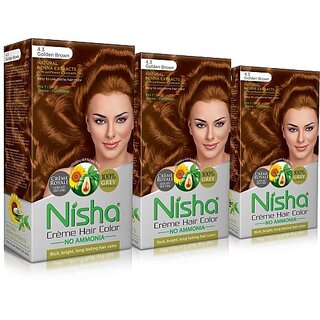                       Nisha cream permanent hair color superior quality no ammonia cream formula permanent Fashion Highlights and rich bright long-lasting colour Golden Brown (pack of 3) , GOLDEN BROWN 4.3                                              