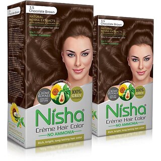                       Nisha cream permanent hair color superior quality no ammonia cream formula permanent Fashion Highlights and rich bright long-lasting colour Chocolate Brown (pack of 2) , CHOCOLATE BROWN 3.5                                              
