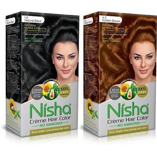                       Nisha Creme Hair Color (60gm + 60ml + 18ml Conditioner for Each) Combo Pack Of Natural black & Golden Brown , Golden Brown, Black                                              