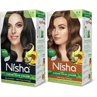                       Nisha Creme Hair Color (60gm + 60ml + 18ml Conditioner for Each) Combo Pack Of Natural black & Golden Brown , Golden Brown, Black                                              