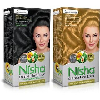                       Nisha Superior Quality with Rich, Bright, Long Lasting Shine Hair Color NO AMMONIA Cream FORMULA NATURAL Black and Golden Blonde , Golden Blonde, Black                                              
