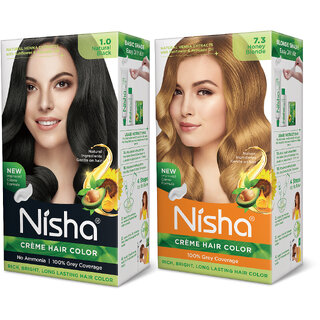 Nisha Creme Hair Color (60gm + 60ml + 18ml Conditioner for Each) Combo Pack Of Natural black & Honey Blonde , Honey Blonde 7.3, Black Nisha Creme Hair Color (60gm + 60ml + 18ml Conditioner for Each) Combo Pack Of Natural black & Honey Blonde , Honey Blonde 7.3, Black