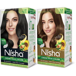 Nisha Creme Hair Color (60gm + 60ml + 18ml Conditioner for Each) Combo Pack Of Natural black & Light Brown , Light Brown 5.0 Nisha Creme Hair Color (60gm + 60ml + 18ml Conditioner for Each) Combo Pack Of Natural black & Light Brown , Light Brown 5.0