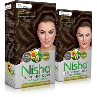                       Nisha cream permanent hair color superior quality no ammonia cream formula permanent Fashion Highlights and rich bright long-lasting colour Dark Brown (pack of 2) , DARK BROWN 3                                              