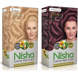                       Nisha Cream Hair Color Rich Bright Long Lasting Hair Colouring For Ultra Soft Deep Shine Grey Coverage Conditioning With Natural Herbs , Ultra Blonde & Wine Burgundy                                              