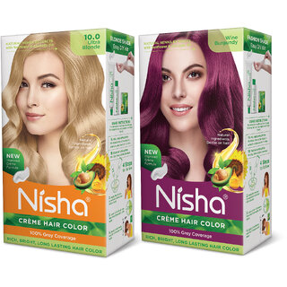 Nisha Cream Hair Color Rich Bright Long Lasting Hair Colouring For Ultra Soft Deep Shine Grey Coverage Conditioning With Natural Herbs , Ultra Blonde & Wine Burgundy Nisha Cream Hair Color Rich Bright Long Lasting Hair Colouring For Ultra Soft Deep Shine Grey Coverage Conditioning With Natural Herbs , Ultra Blonde & Wine Burgundy