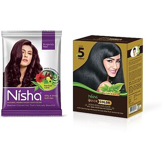                       Nisha Quick Color Henna Based Hair 60gm Natural Black with Burgundy Henna Based Hair Color silky & Shiny Soft hair 15g Each Pack of 10 (210 g)                                              