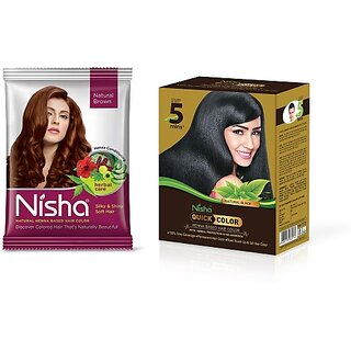                       Nisha Quick Color Henna Based Hair 60gm with Brown Henna Based Hair Color Herbal Care silky & Shiny Soft 15gm Each Pack of 10 (210 g)                                              